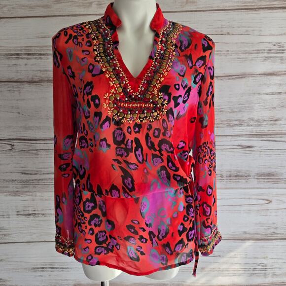 Paradise Orange Red Leopard Print Sheer Cinches Waist Tunic Sz Small - Picture 1 of 8
